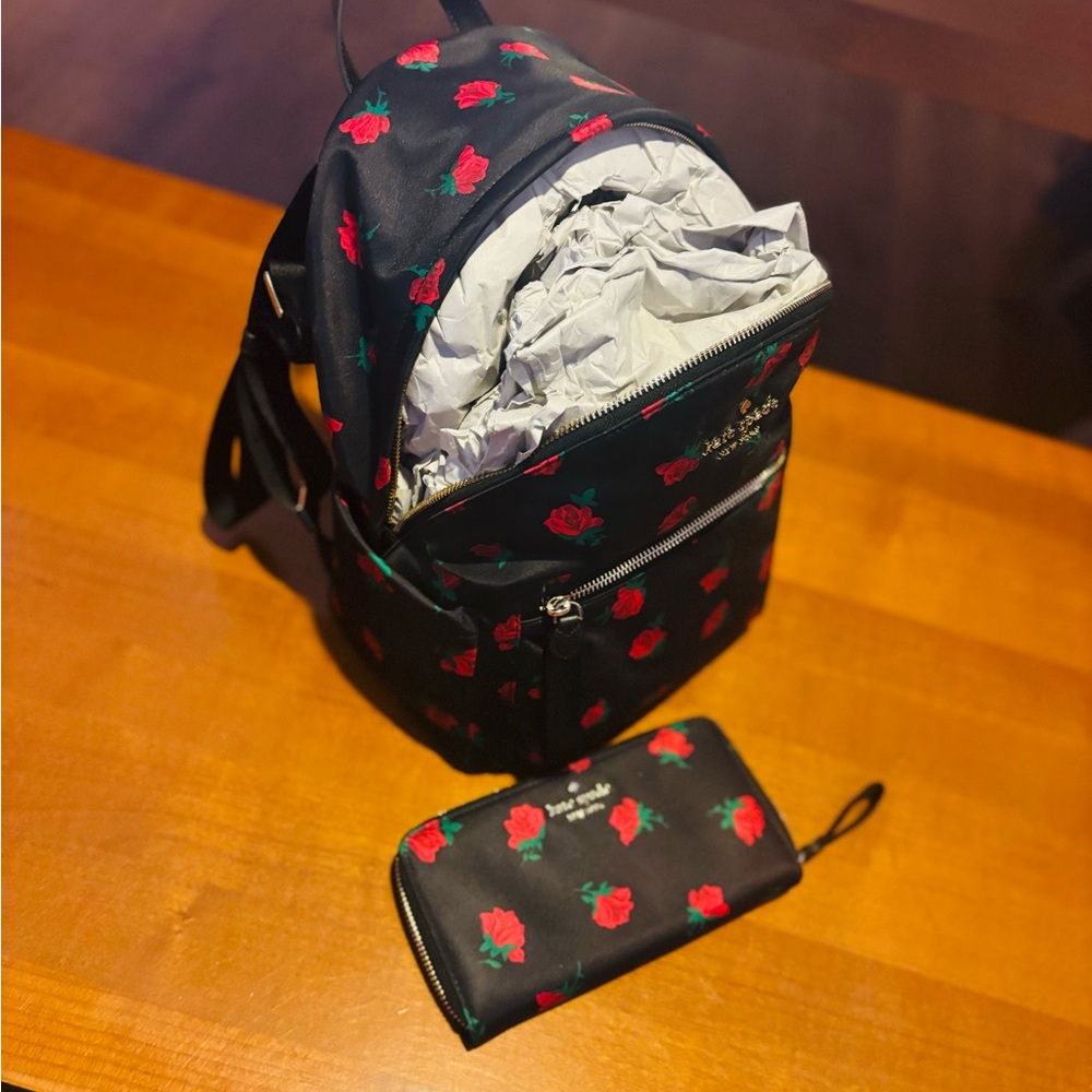 Kate Spade Black Backpack and Wallet Set with Red Floral Print. - Picture 8 of 9